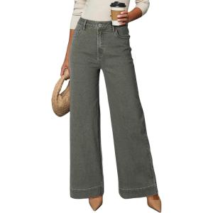 image:imageDOKOTOO Womens Casual High Waisted Jeans Stretch Button Wide Leg Loose Denim Pants with PocketsFour Leaf Clover
