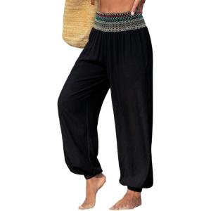 image:imageDokotoo Beach Pants for Womens Vacation Summer Outfits Smocked Waist Harem Boho Flowy Wide Leg Hippie Pants with PocketsBlack