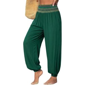 image:imageDokotoo Beach Pants for Womens Vacation Summer Outfits Smocked Waist Harem Boho Flowy Wide Leg Hippie Pants with PocketsDark Green