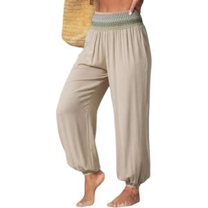 image:imageDokotoo Beach Pants for Womens Vacation Summer Outfits Smocked Waist Harem Boho Flowy Wide Leg Hippie Pants with PocketsParchment
