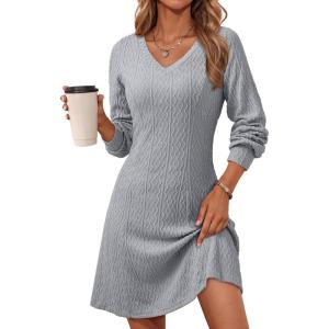 image:imageDokotoo Dresses for Women Trendy V Neck Knit A Line Long Sleeve Dress Sweater DressA1 Gray