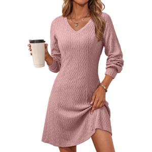 image:imageDokotoo Dresses for Women Trendy V Neck Knit A Line Long Sleeve Dress Sweater DressA1 Pink