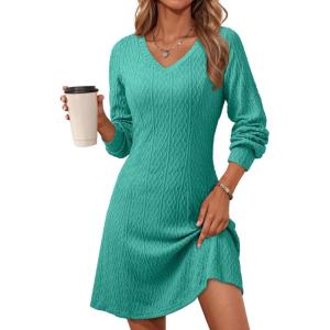 image:imageDokotoo Dresses for Women Trendy V Neck Knit A Line Long Sleeve Dress Sweater DressSea Green