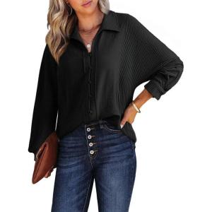 image:imageDokotoo Long Sleeve Shirts for Women 2024 V Neck Textured Button Down Shirts Casual Splicing Waffle Knit Fall Tops Cute Trendy White Blouses Dressy Business Casual Outfits Large