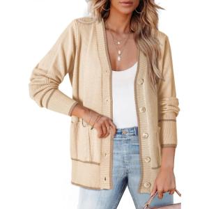 image:imageDokotoo Short Cardigans for Women Color Blocked 2024 Fall Fashion Button Down Sweaters Winter Coats with PocketsApricot