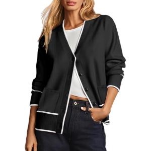 image:imageDokotoo Short Cardigans for Women Color Blocked 2024 Fall Fashion Button Down Sweaters Winter Coats with PocketsBlack