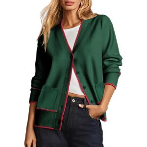 image:imageDokotoo Short Cardigans for Women Color Blocked 2024 Fall Fashion Button Down Sweaters Winter Coats with PocketsBlackish Green