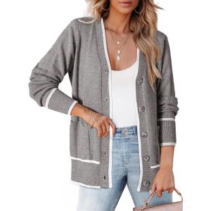 image:imageDokotoo Short Cardigans for Women Color Blocked 2024 Fall Fashion Button Down Sweaters Winter Coats with PocketsGray