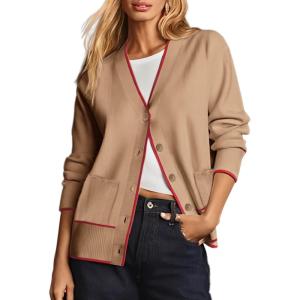 image:imageDokotoo Short Cardigans for Women Color Blocked 2024 Fall Fashion Button Down Sweaters Winter Coats with PocketsLight French Beige