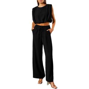 image:imageDokotoo Summer 2 Piece Outfits for Women Sleeveless Crop Tank Tops and Wide Leg Pants with Pockets