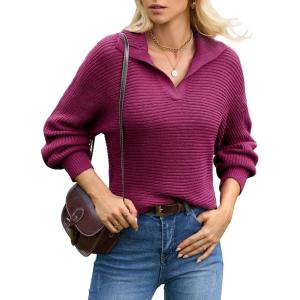 image:imageDokotoo Sweaters for Women Long Sleeve Polo V Neck 2024 Fall Winter ClothesRose Red a