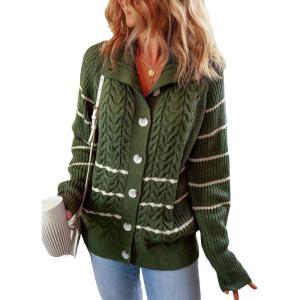 image:imageDokotoo Womens 2024 Fall Long Sleeve Striped Sweater Open Front Chunky Cable Knit Cardigans Sweaters Button Outerwear Coats