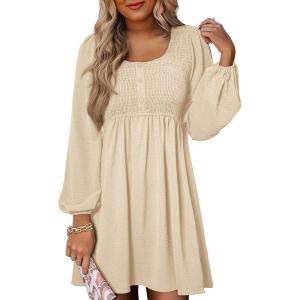 image:imageDokotoo Womens 2026 Casual Dresses Smocked Crewneck Button Up Long Sleeve Empire Waist ALine Mini DressApricot