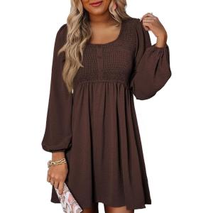 image:imageDokotoo Womens 2026 Casual Dresses Smocked Crewneck Button Up Long Sleeve Empire Waist ALine Mini DressBrown