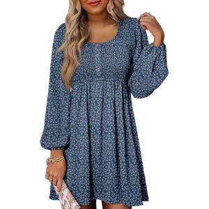 image:imageDokotoo Womens 2026 Casual Dresses Smocked Crewneck Button Up Long Sleeve Empire Waist ALine Mini DressFloral Blue