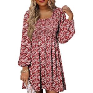 image:imageDokotoo Womens 2026 Casual Dresses Smocked Crewneck Button Up Long Sleeve Empire Waist ALine Mini DressFloral Red