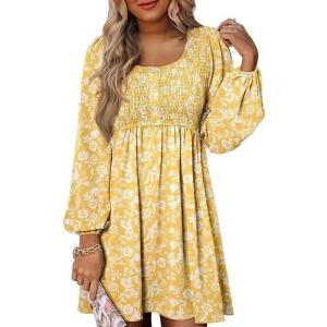 image:imageDokotoo Womens 2026 Casual Dresses Smocked Crewneck Button Up Long Sleeve Empire Waist ALine Mini DressFloral Yellow