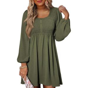 image:imageDokotoo Womens 2026 Casual Dresses Smocked Crewneck Button Up Long Sleeve Empire Waist ALine Mini DressGreen