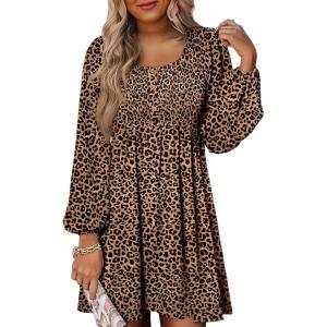 image:imageDokotoo Womens 2026 Casual Dresses Smocked Crewneck Button Up Long Sleeve Empire Waist ALine Mini DressLeopard Brown