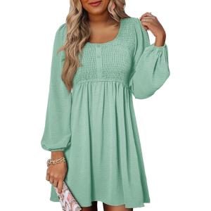 image:imageDokotoo Womens 2026 Casual Dresses Smocked Crewneck Button Up Long Sleeve Empire Waist ALine Mini DressMint Green