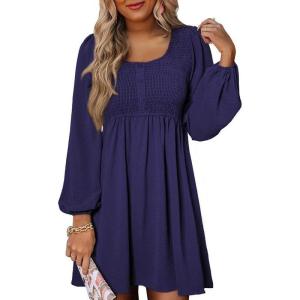 image:imageDokotoo Womens 2026 Casual Dresses Smocked Crewneck Button Up Long Sleeve Empire Waist ALine Mini DressNavy Blue