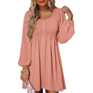 image:imageDokotoo Womens 2026 Casual Dresses Smocked Crewneck Button Up Long Sleeve Empire Waist ALine Mini DressPink