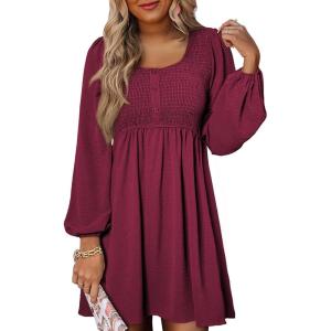 image:imageDokotoo Womens 2026 Casual Dresses Smocked Crewneck Button Up Long Sleeve Empire Waist ALine Mini DressRose