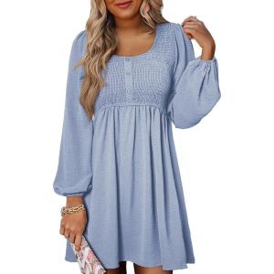 image:imageDokotoo Womens 2026 Casual Dresses Smocked Crewneck Button Up Long Sleeve Empire Waist ALine Mini DressSky Blue