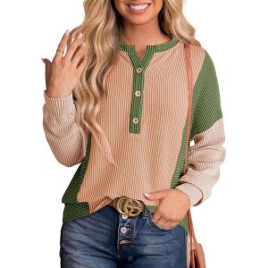 image:imageDokotoo Womens Casual Color Block Knitted Long Sleeve Shirts for Women Loose V Neck Button Down Pullover Blouses TopsOrange