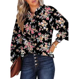 image:imageDokotoo Womens Casual V Neck Allover Floral Print Long Sleeve Chiffon Button Down Blouses Bohemian Top ShirtsBlack