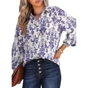 image:imageDokotoo Womens Casual V Neck Allover Floral Print Long Sleeve Chiffon Button Down Blouses Bohemian Top ShirtsBlue