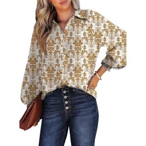 image:imageDokotoo Womens Casual V Neck Allover Floral Print Long Sleeve Chiffon Button Down Blouses Bohemian Top ShirtsKhaki