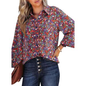 image:imageDokotoo Womens Casual V Neck Allover Floral Print Long Sleeve Chiffon Button Down Blouses Bohemian Top ShirtsPurple