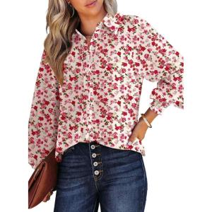 image:imageDokotoo Womens Casual V Neck Allover Floral Print Long Sleeve Chiffon Button Down Blouses Bohemian Top ShirtsRed