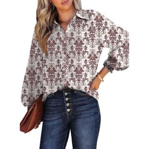 image:imageDokotoo Womens Casual V Neck Allover Floral Print Long Sleeve Chiffon Button Down Blouses Bohemian Top ShirtsRed2