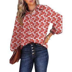 image:imageDokotoo Womens Casual V Neck Allover Floral Print Long Sleeve Chiffon Button Down Blouses Bohemian Top ShirtsRed3