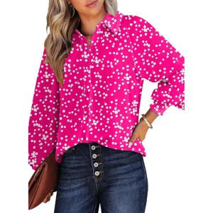image:imageDokotoo Womens Casual V Neck Allover Floral Print Long Sleeve Chiffon Button Down Blouses Bohemian Top ShirtsRose