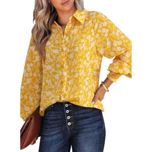 image:imageDokotoo Womens Casual V Neck Allover Floral Print Long Sleeve Chiffon Button Down Blouses Bohemian Top ShirtsYellow