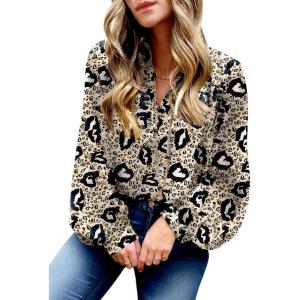 image:imageDokotoo Womens Casual V Neck Boho Abstract Print Lantern Long Sleeve Tops Chiffon Blouses Bohemian Shirts
