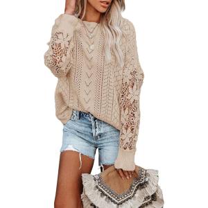 image:imageDokotoo Womens Crewneck Crochet Lace Long Sleeve Hollow Out Cable Knit Sweaters Pullover TopsA Apricot