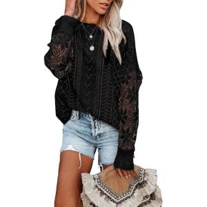image:imageDokotoo Womens Crewneck Crochet Lace Long Sleeve Hollow Out Cable Knit Sweaters Pullover TopsA Black