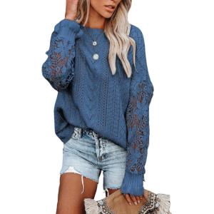 image:imageDokotoo Womens Crewneck Crochet Lace Long Sleeve Hollow Out Cable Knit Sweaters Pullover TopsA Blue