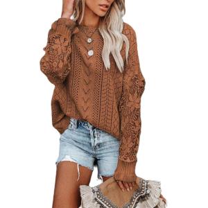 image:imageDokotoo Womens Crewneck Crochet Lace Long Sleeve Hollow Out Cable Knit Sweaters Pullover TopsA Brown