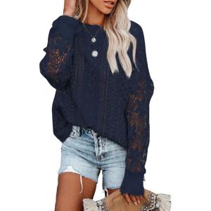 image:imageDokotoo Womens Crewneck Crochet Lace Long Sleeve Hollow Out Cable Knit Sweaters Pullover TopsA Dark Blue