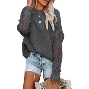 image:imageDokotoo Womens Crewneck Crochet Lace Long Sleeve Hollow Out Cable Knit Sweaters Pullover TopsA Dark Gray