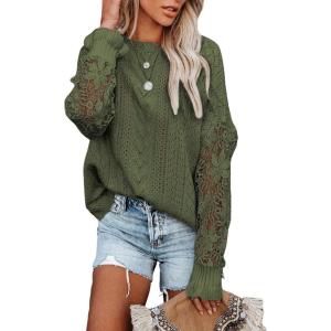 image:imageDokotoo Womens Crewneck Crochet Lace Long Sleeve Hollow Out Cable Knit Sweaters Pullover TopsA Dark Green
