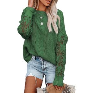 image:imageDokotoo Womens Crewneck Crochet Lace Long Sleeve Hollow Out Cable Knit Sweaters Pullover TopsA Forest Green