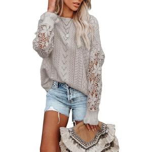 image:imageDokotoo Womens Crewneck Crochet Lace Long Sleeve Hollow Out Cable Knit Sweaters Pullover TopsA Gray
