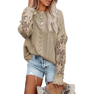 image:imageDokotoo Womens Crewneck Crochet Lace Long Sleeve Hollow Out Cable Knit Sweaters Pullover TopsA Khaki