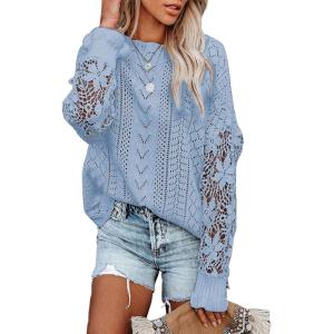 image:imageDokotoo Womens Crewneck Crochet Lace Long Sleeve Hollow Out Cable Knit Sweaters Pullover TopsA Sky Blue